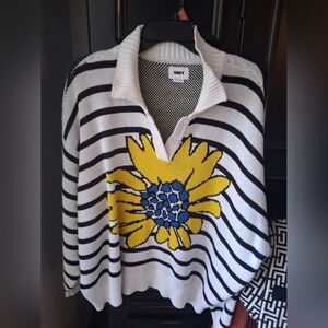 Obey Women's White & Black Striped V-Neck Sweater with Yellow & Blue Floral